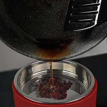 Blue Donuts Ceramic Bacon Grease Container with Strainer - Farmhouse Grease Can for Kitchen with Strainer, Removable Grease Strainer, 32 Oz Oil Holders for Cooking, Red Grease Container for Kitchen