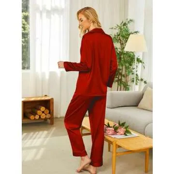 Ekouaer Women's Long Sleeve Silk Satin Pajamas Red