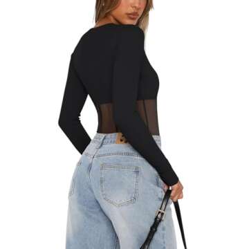 Trendy REORIA Women's Sheer Mesh Bodysuit for Night Out