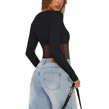 Trendy REORIA Women's Sheer Mesh Bodysuit for Night Out