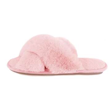 Zizor Women's Open Toe Fluffy Slippers with Memory Foam, Ladies' Cross Band House Shoes, Faux Fur Slip on Home Slippers for Indoor Outdoor (Light Pink, 8-9)