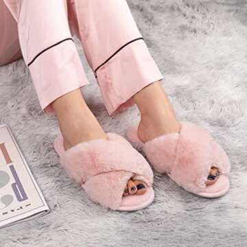 Zizor Women's Open Toe Fluffy Slippers with Memory Foam, Ladies' Cross Band House Shoes, Faux Fur Slip on Home Slippers for Indoor Outdoor (Light Pink, 8-9)
