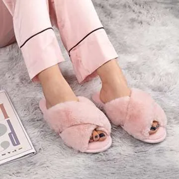 Zizor Women's Open Toe Fluffy Slippers with Memory Foam, Ladies' Cross Band House Shoes, Faux Fur Slip on Home Slippers for Indoor Outdoor (Light Pink, 8-9)
