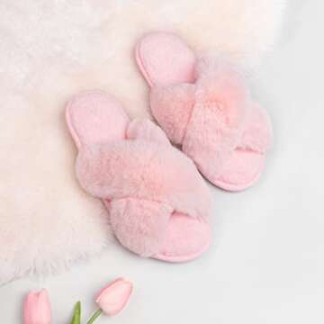 Zizor Women's Open Toe Fluffy Slippers with Memory Foam, Ladies' Cross Band House Shoes, Faux Fur Slip on Home Slippers for Indoor Outdoor (Light Pink, 8-9)