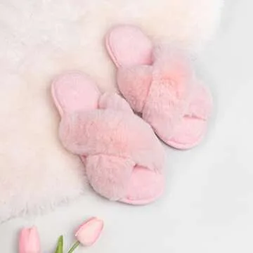 Zizor Women's Open Toe Fluffy Slippers with Memory Foam, Ladies' Cross Band House Shoes, Faux Fur Slip on Home Slippers for Indoor Outdoor (Light Pink, 8-9)