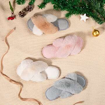 Zizor Women's Open Toe Fluffy Slippers with Memory Foam, Ladies' Cross Band House Shoes, Faux Fur Slip on Home Slippers for Indoor Outdoor (Light Pink, 8-9)