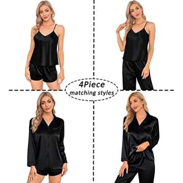 SWOMOG Womens Silk Satin Pajamas 4 Piece Pjs Set Long Sleeve Nightwear Cami Top and Shorts Sleepwear Set Black,Medium
