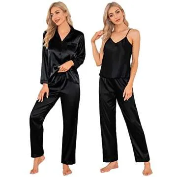 SWOMOG Womens Silk Satin Pajamas 4 Piece Pjs Set Long Sleeve Nightwear Cami Top and Shorts Sleepwear Set Black,Medium