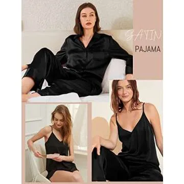 SWOMOG Womens Silk Satin Pajamas 4 Piece Pjs Set Long Sleeve Nightwear Cami Top and Shorts Sleepwear Set Black,Medium