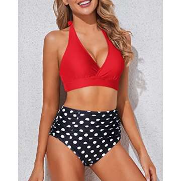 Tempt Me Women Red Polka Dot Two Piece High Waisted Bikini Set Swimsuits Push Up Halter Tummy Control Bottoms Bathing Suits XL