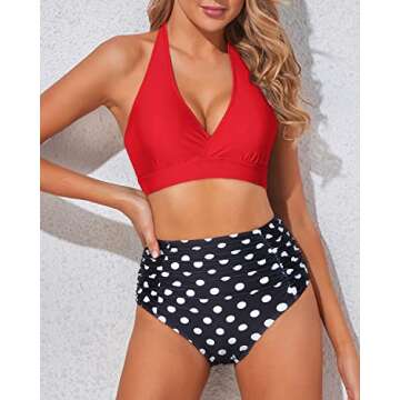 Tempt Me Women Red Polka Dot Two Piece High Waisted Bikini Set Swimsuits Push Up Halter Tummy Control Bottoms Bathing Suits XL