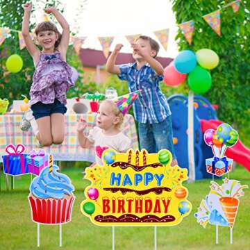 Happy Birthday Yard Signs - 5 Piece Set, Colorful Birthday Party Lawn Decoration Kit, Birthday Cake, Cupcake, Balloon, Gift Box, Cones Style Decor for Outdoor Celebration, Made of Corrugated Plastic