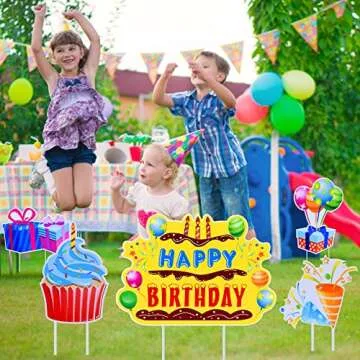 Happy Birthday Yard Signs - 5 Piece Set, Colorful Birthday Party Lawn Decoration Kit, Birthday Cake, Cupcake, Balloon, Gift Box, Cones Style Decor for Outdoor Celebration, Made of Corrugated Plastic