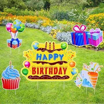 Happy Birthday Yard Signs - 5 Piece Set, Colorful Birthday Party Lawn Decoration Kit, Birthday Cake, Cupcake, Balloon, Gift Box, Cones Style Decor for Outdoor Celebration, Made of Corrugated Plastic