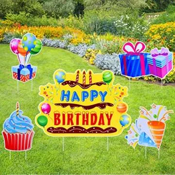 Happy Birthday Yard Signs - 5 Piece Set, Colorful Birthday Party Lawn Decoration Kit, Birthday Cake, Cupcake, Balloon, Gift Box, Cones Style Decor for Outdoor Celebration, Made of Corrugated Plastic
