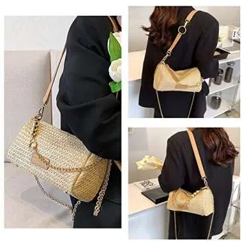 Ayliss Women Straw Handbag Woven Tote Shoulder Bag Handmade Crossbody Purse Handbag Clutch Weaving Summer Beach Bag (Light Khaki)