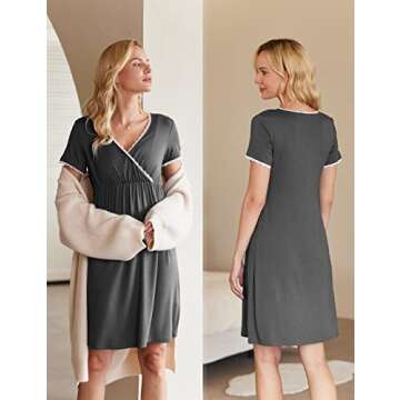 Ekouaer Nursing Nightown Delivery and Labor Gown for Hospital Short Sleeve Maternity Breastfeeding Dress Gray Large