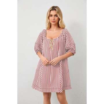 MSBESYOR Women Summer Mini Dress Casual Striped Puff Sleeve Scoop Neck Keyhole Back 2024 Beach Swing Dress with Pockets Red, Small