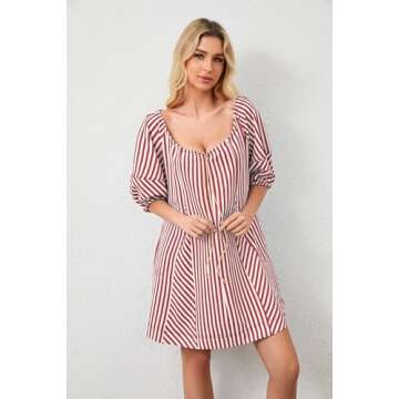 MSBESYOR Women Summer Mini Dress Casual Striped Puff Sleeve Scoop Neck Keyhole Back 2024 Beach Swing Dress with Pockets Red, Small