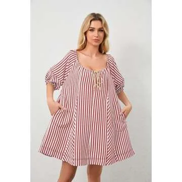 MSBESYOR Women Summer Mini Dress Casual Striped Puff Sleeve Scoop Neck Keyhole Back 2024 Beach Swing Dress with Pockets Red, Small