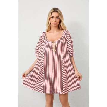 MSBESYOR Women Summer Mini Dress Casual Striped Puff Sleeve Scoop Neck Keyhole Back 2024 Beach Swing Dress with Pockets Red, Small