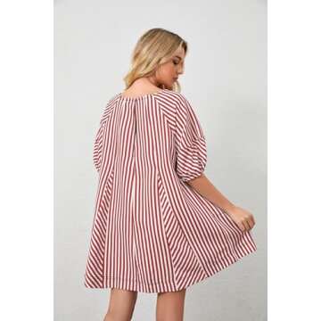 MSBESYOR Women Summer Mini Dress Casual Striped Puff Sleeve Scoop Neck Keyhole Back 2024 Beach Swing Dress with Pockets Red, Small