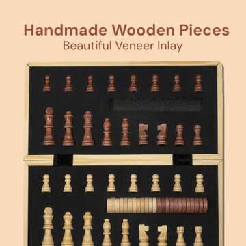 PlayVibe Wooden Chess Set 15'' - Checkers & Chess Board Game with 2 Extra Queens - Handmade Sets for All Ages - Family, Travel Board Games