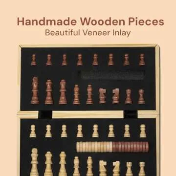 PlayVibe Wooden Chess Set 15'' - Checkers & Chess Board Game with 2 Extra Queens - Handmade Sets for All Ages - Family, Travel Board Games