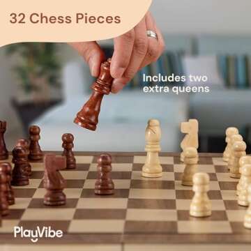 PlayVibe Wooden Chess Set 15'' - Checkers & Chess Board Game with 2 Extra Queens - Handmade Sets for All Ages - Family, Travel Board Games