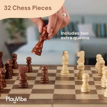 PlayVibe Wooden Chess Set 15'' - Checkers & Chess Board Game with 2 Extra Queens - Handmade Sets for All Ages - Family, Travel Board Games