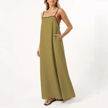 Senllen Summer Dresses for Women 2024 Adjustable Spaghetti Strap Contrast Backless Party Beach Loose Maxi Dress with Pockets Ginger Yellow