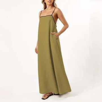 Senllen Summer Dresses for Women 2024 Adjustable Spaghetti Strap Contrast Backless Party Beach Loose Maxi Dress with Pockets Ginger Yellow