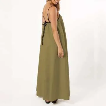 Senllen Summer Dresses for Women 2024 Adjustable Spaghetti Strap Contrast Backless Party Beach Loose Maxi Dress with Pockets Ginger Yellow