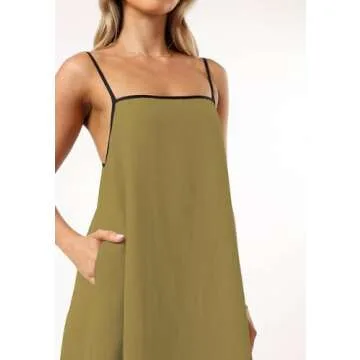 Senllen Summer Dresses for Women 2024 Adjustable Spaghetti Strap Contrast Backless Party Beach Loose Maxi Dress with Pockets Ginger Yellow