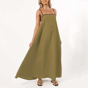 Senllen Summer Dresses for Women 2024 Adjustable Spaghetti Strap Contrast Backless Party Beach Loose Maxi Dress with Pockets Ginger Yellow