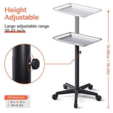 TASALON Salon Tray on Wheels - Aluminum Instrument Tattoo Tray with Wheels - Adjustable Salon Servic...