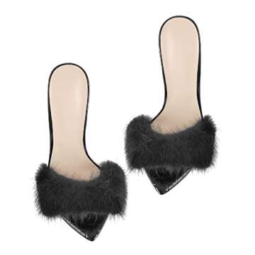 Richealnana Women's Fur Fuzzy Mules Slip On High Heels Sandals