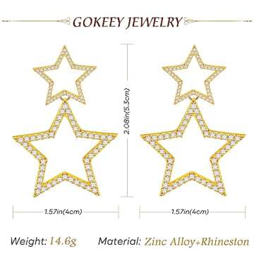 Gokeey Gold Star Earrings for Women,18K Gold Plated Double Star Sparkly Earrings Cubic Zircon Long D...