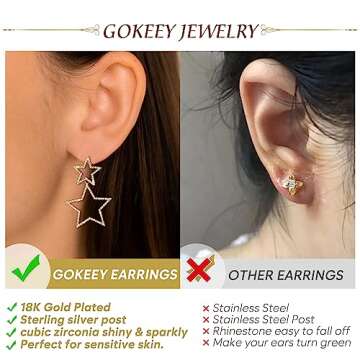 Gokeey Gold Star Earrings for Women,18K Gold Plated Double Star Sparkly Earrings Cubic Zircon Long Drop Dangle Earrings for Women Fashion Jewelry Gifts (Gold)