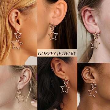 Gokeey Gold Star Earrings for Women,18K Gold Plated Double Star Sparkly Earrings Cubic Zircon Long Drop Dangle Earrings for Women Fashion Jewelry Gifts (Gold)