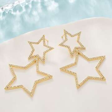 Gokeey Gold Star Earrings for Women,18K Gold Plated Double Star Sparkly Earrings Cubic Zircon Long Drop Dangle Earrings for Women Fashion Jewelry Gifts (Gold)