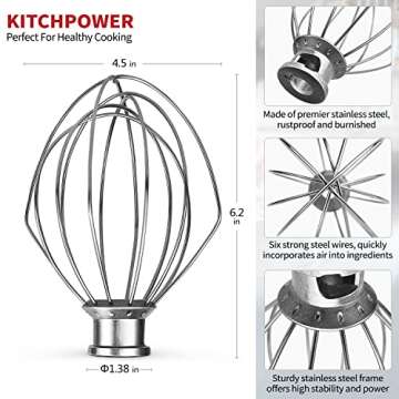 KITCHPOWER K45WW Wire Whip Attachment for Tilt-Head Stand Mixer Stainless Steel Egg Cream Stirrer, Flour Cake Balloon Whisk