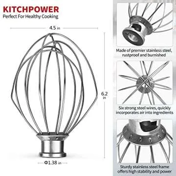 KITCHPOWER K45WW Wire Whip Attachment for Tilt-Head Stand Mixer Stainless Steel Egg Cream Stirrer, Flour Cake Balloon Whisk