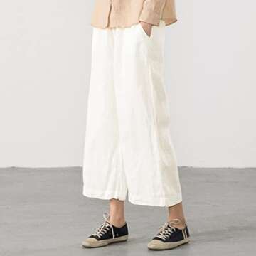 ECUPPER Womens Casual Loose Elastic Waist Cotton Trouser Cropped Wide Leg Pants White 6-8