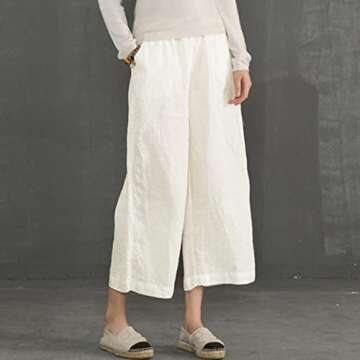 ECUPPER Womens Casual Loose Elastic Waist Cotton Trouser Cropped Wide Leg Pants White 6-8