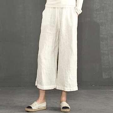 ECUPPER Womens Casual Loose Elastic Waist Cotton Trouser Cropped Wide Leg Pants White 6-8