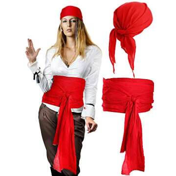 SATINIOR Halloween Pirate Costume Men Women Pirate Head Scarf Hat Accessories Pirate Sash Belt Bandana Waist Belt, Linen(Red)