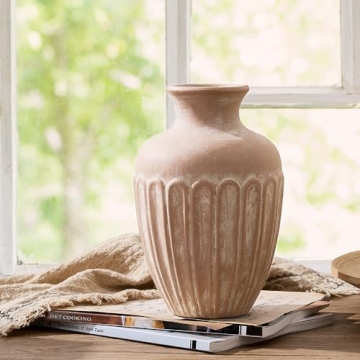 SIDUCAL Ceramic Rustic Farmhouse Flower Vase,8.4 Inch Pottery Decorative Flower Vase for Home Decor, Table, Living Room Decoration, Shelf Decor, Mantel, Terra