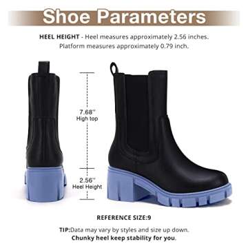 TINSTREE Womens Lug Sole Platform Boots Mid Calf, Women's Lug Sole Platform Boots Mid Calf Elastic Chunky Block Heel Leather Chelsea Booties Blue Black,7.5