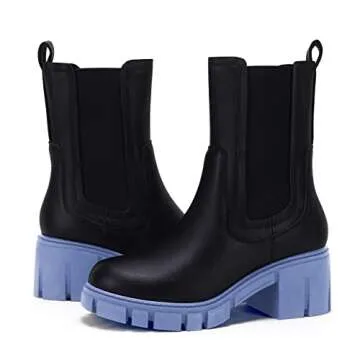 TINSTREE Womens Lug Sole Platform Boots Mid Calf, Women's Lug Sole Platform Boots Mid Calf Elastic Chunky Block Heel Leather Chelsea Booties Blue Black,7.5